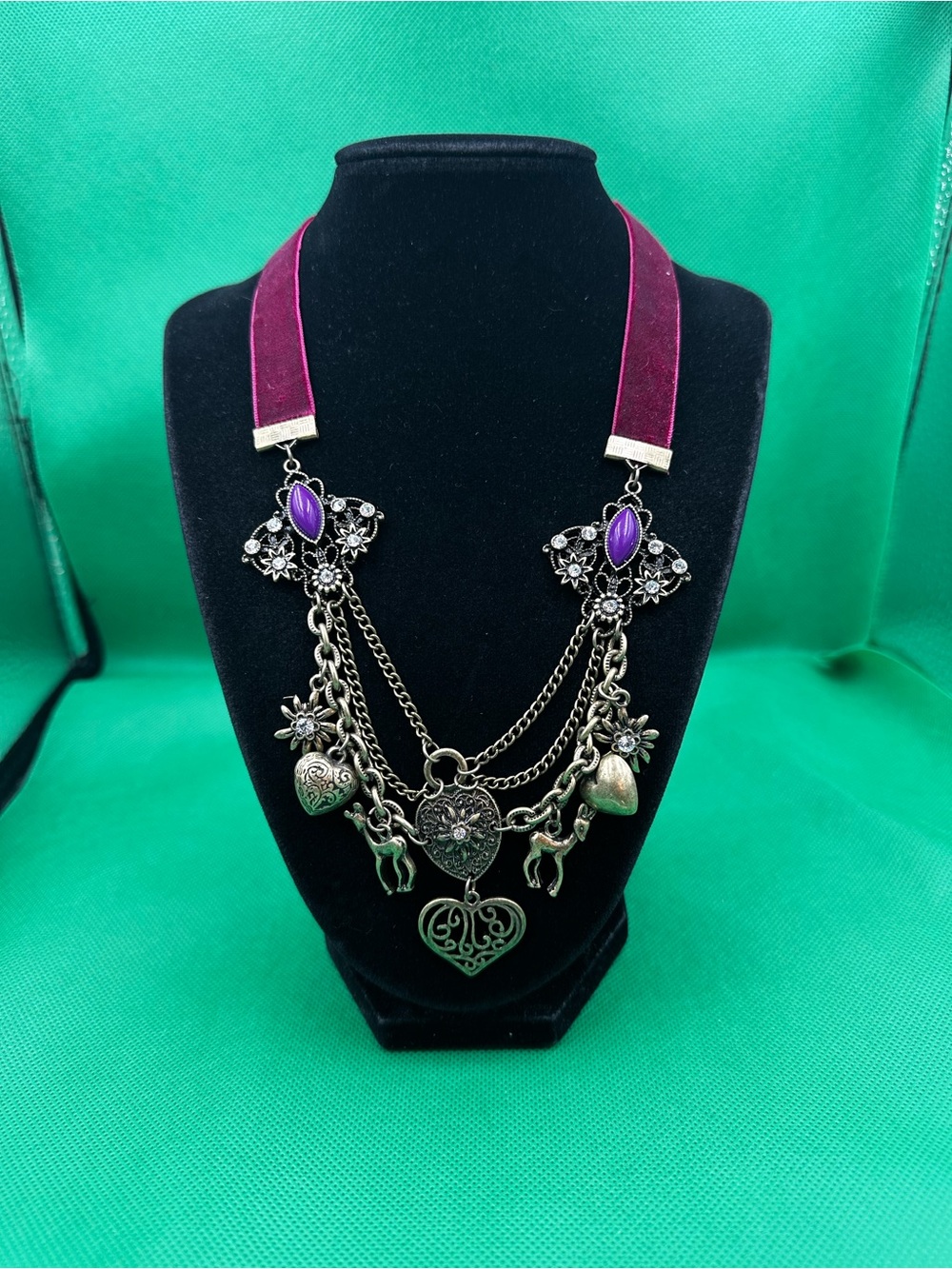 Antiqued Partial Deep Red Velvet Ribbon Necklace with Brass/Bronze Accent Charms